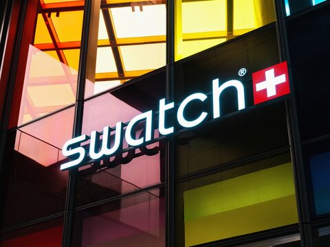 Swatch shop logo sign storefront International Swiss watch company : Bangkok, Thailand - Jul 17, 2026