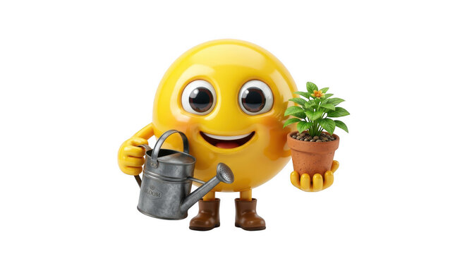 Happy emoji character holding a plant and watering can while smiling cheerfully