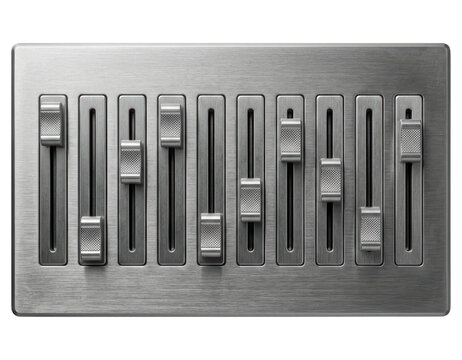 Brushed metal audio fader panel isolated with transparent background