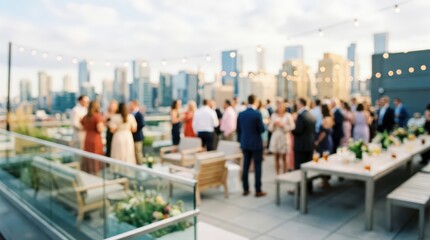 Obraz premium blurred rooftop cocktail party with city skyline and festive string lights.