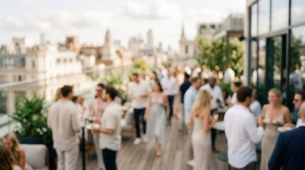 Obraz premium out of focus rooftop social gathering, group mingling on urban terrace, city skyline background, soft evening light, lifestyle event