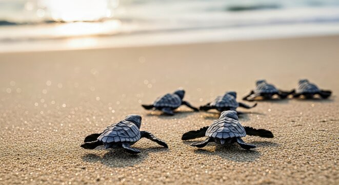 Baby Sea Turtle Hatchlings Crawling Towards Ocean on Sandy Beach at Sunset.jpg