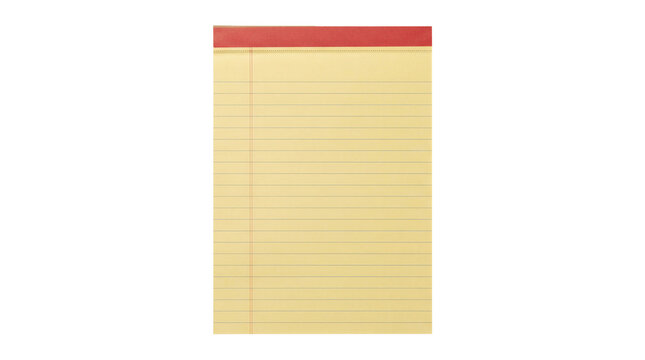 Single sheet of yellow lined notepad paper with a red header is isolated on a white background for writing notes or memos.