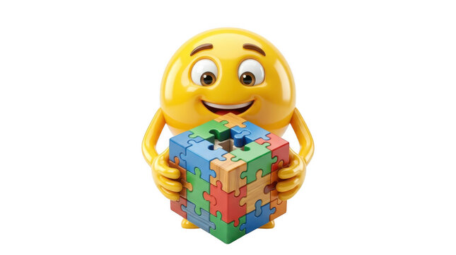 Happy yellow smiley character holding a gift box with confetti