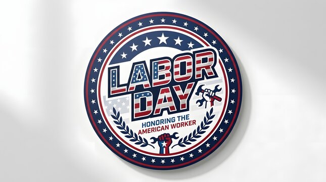 Labor Day badge with American flag pattern. USA holiday emblem honoring the American worker.