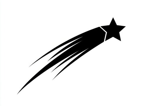 Abstract vector illustration of a falling star shooting across space, elegant comet trail effect, minimal black star shape on white background, clean modern astronomical design style. 
