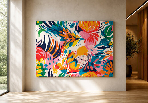 Abstract Floral Canvas Art Mockup in Elegant Interior