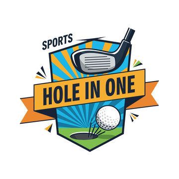 Golf Hole In One Emblem: Club, Ball, and Sunburst Background with 'Sports'