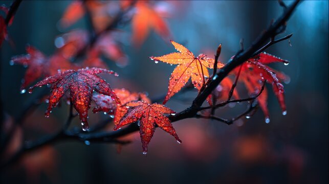 Autumn maple forest at blue hour red leaves details Canon EOS R5 50mm raw style
