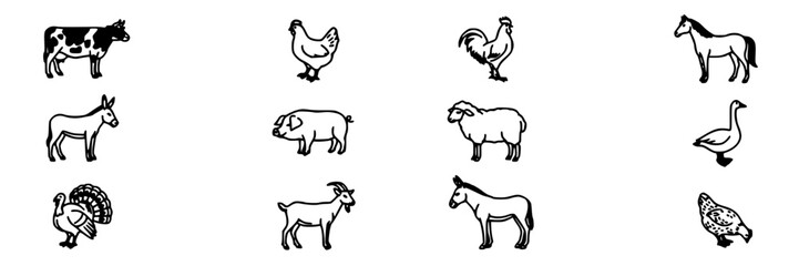 Fototapeta premium Animals Including a Cow, Donkey, Turkey, Chicken, Rooster, Pig, Sheep, Goat, Horse, Goose, and Duck in a Farm Setting