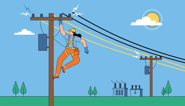 Female electrical lineworker climbing a utility pole to safely repair high voltage power lines under a clear blue sky.