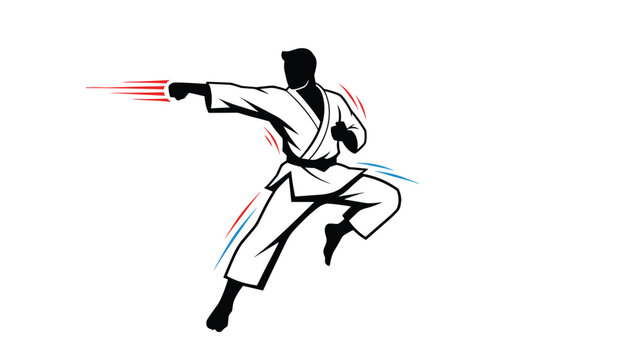 Powerful martial artist performing a dynamic punch with motion lines representing speed and agility in a clean vector style.