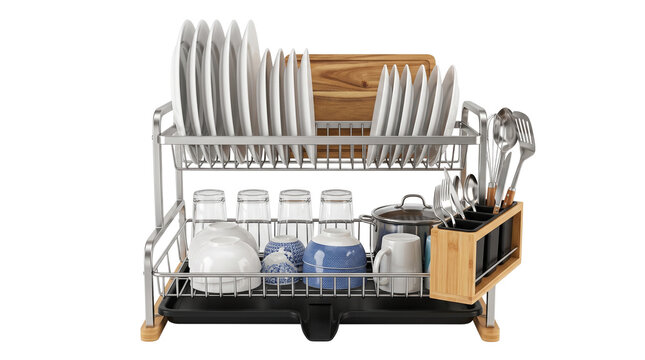 Modern stainless steel dish drying rack with bamboo accents, two-tier kitchen organizer with plates and glassware, metallic dish drainer on white background