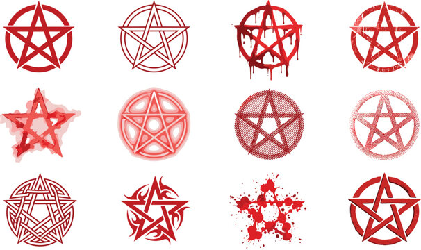  Red Pentagram Vector Set with Satanic Wiccan Symbols and Grunge Blood Splatter StylesRed Pentagram Vector Set with Satanic Wiccan Symbols and Grunge Blood Splatter Styles