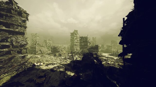 Devastated industrial site filled with rusted machinery and debris. Chaotic remnants of abandoned industrial complex overshadowed by gloomy sky