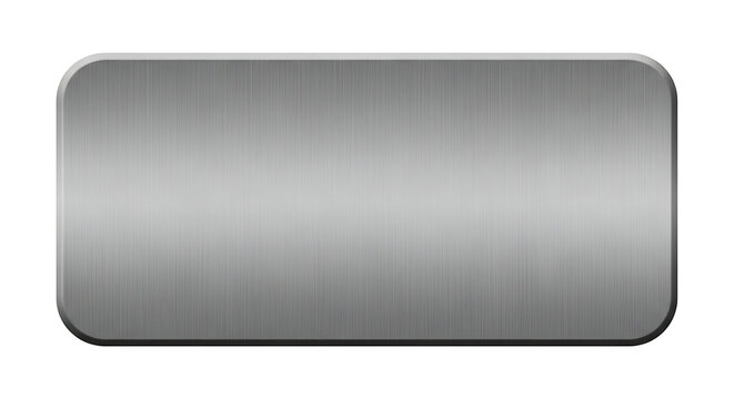 Brushed metal plate with rounded corners. Isolated silver steel banner on white background.