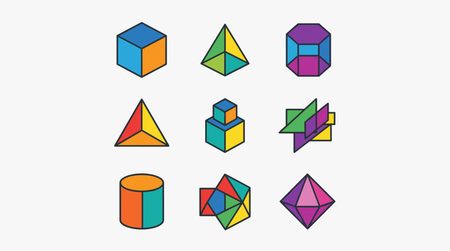 Minimalist 3D Geometric Shapes Icon Sheet, Flat Design Vector Illustration with Cube, Pyramid, Cylinder, and Polyhedron Icons