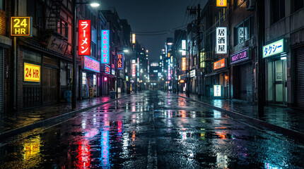 Fototapeta premium Wet city street at night reflecting bright neon signs in the rain