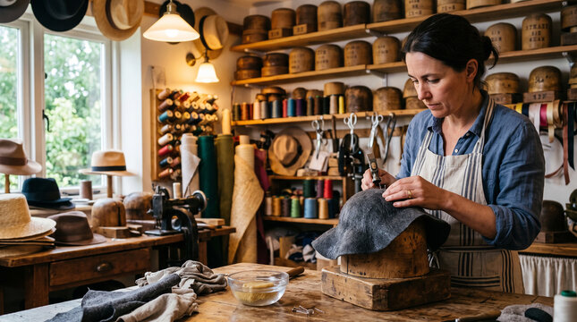 Female milliner shaping a felt hat in a traditional workshop