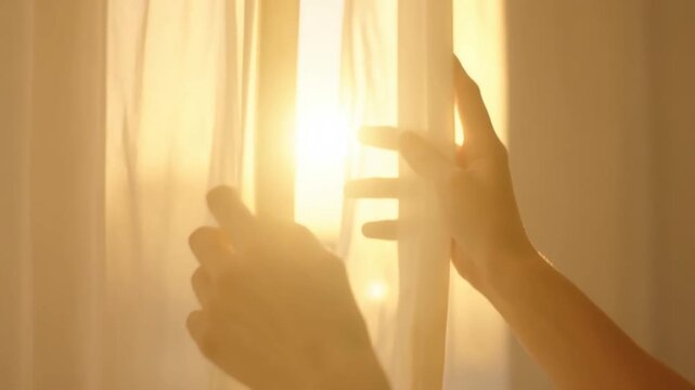 Close up of hands opening white curtains to let bright morning sunlight into the room