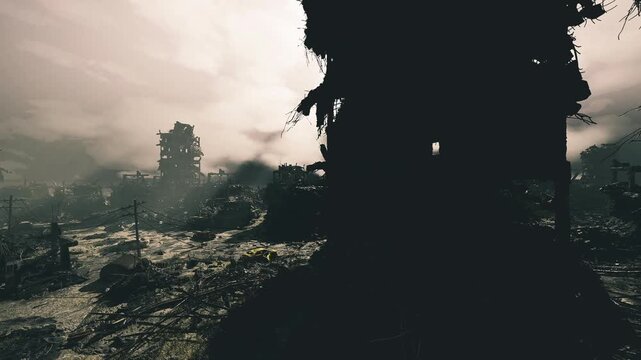 Shadowed remains surrounded by lush vegetation and fog. Eerie outline of abandoned structures set against vibrant foliage and mysterious lighting conditions