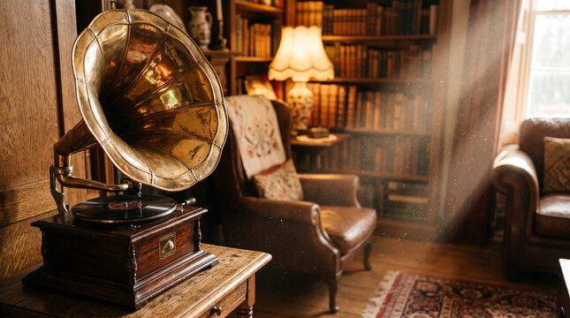 gramophone horn antique library room