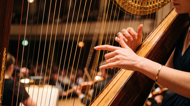 harp strings plucking musician hands