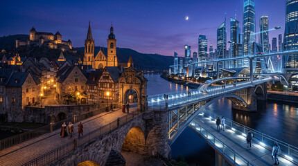 Fototapeta premium bridge ancient futuristic city night