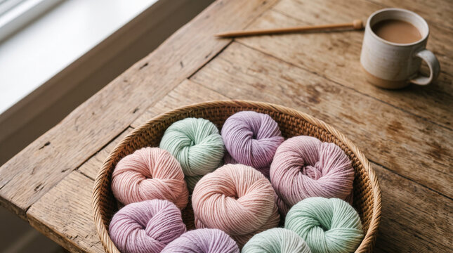 pastel wool yarn skeins basket