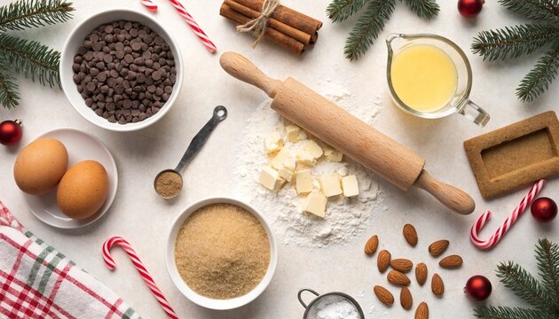 Homemade baking ingredients arranged festive holiday flat lay preparation with evoking warm holiday baking atmosphere festive decorations light surface