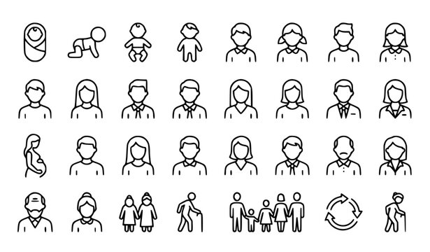 Human Life Cycle Icon Set from Birth to Old Age Thin Line Editable Stroke Vector Collection