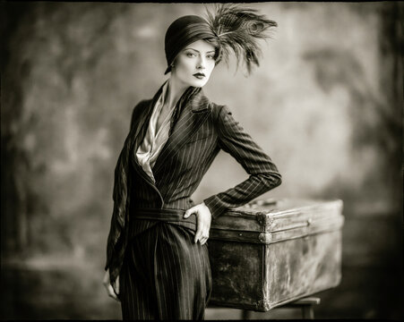 Elegant 1930s Fashion Portrait with Vintage Suitcase &ndash; AI Generative &ndash; No Real Person