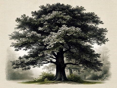 Vintage Oak Tree Botanical Illustration &ndash; AI Generative