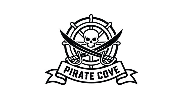Black and white retro pirate cove logo design featuring a human skull, ship wheel, crossed cutlasses, and a banner.