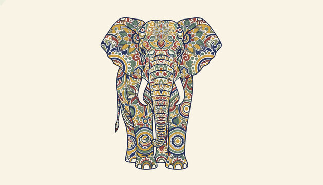 Majestic Indian wild elephant fully adorned with complex traditional floral and geometric decorative patterns.
