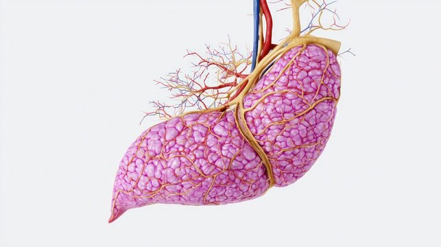 Detailed Human Liver Anatomy: An intricate, high-resolution 3D rendering showcases the complex vascular network and lobular structure of a human liver, highlighting its vital biological functions.