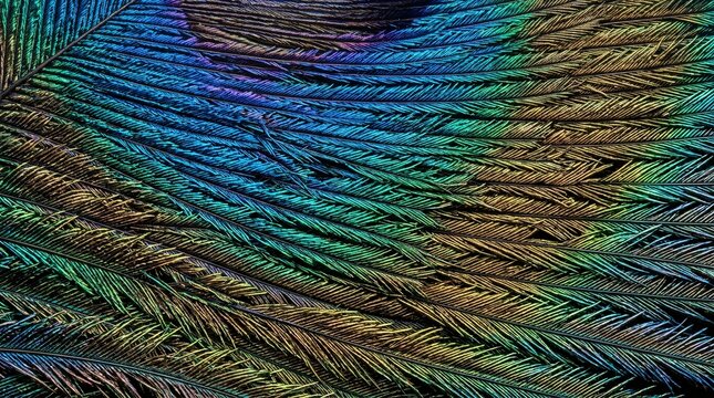 Close-up of iridescent peacock feather showcasing vibrant blue, green, and gold colors with intricate natural texture and abstract pattern