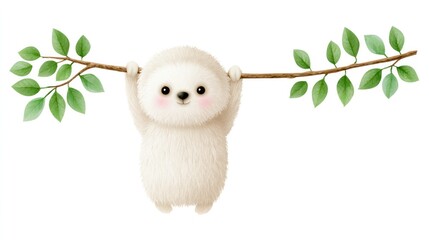 Fototapeta premium Cute Sloth Hanging on a Branch: A charming, fluffy sloth illustration with big, adorable eyes hangs playfully from a leafy branch, embodying a gentle and relaxed spirit.
