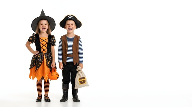 Two happy children in Halloween costumes, girl as a witch and boy as a pirate, laughing and holding candy containers, isolated on a white background with ample copy space for design.