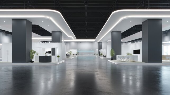 Spacious modern exhibition hall with minimalist design lighting