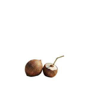 Whole coconut with fresh young coconut drink and straw isolated on transparent background