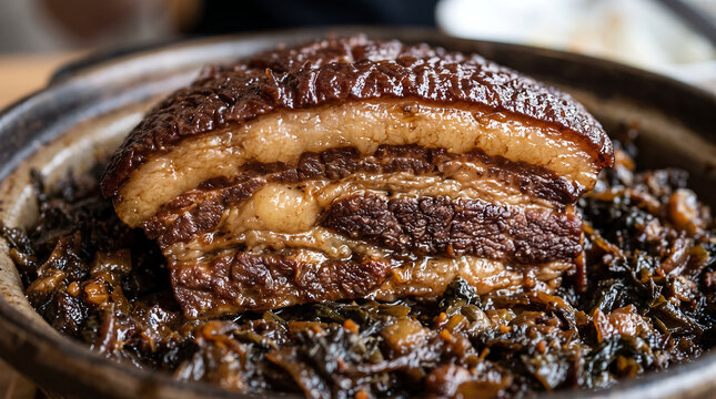 Traditional Hakka Braised Pork Belly with Preserved Mustard Greens Served in Claypot Close-Up