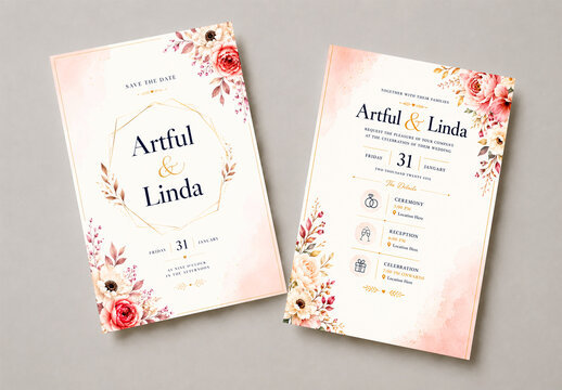 Elegant Floral Wedding Invitation Card Mockup with Watercolor Accents