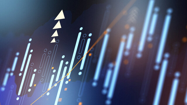 Business chart shows stock exchange trading patterns and data points in an upward trend in a digital format