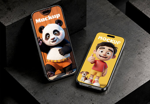 Dual Smartphone Mockup on Dark Concrete Surface