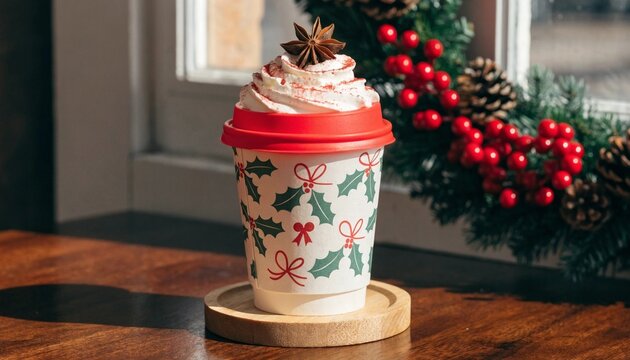 Holiday beverage served with festive topping and garnish on wooden tray near window with showcases frothy hot drink topped whipped cream sprinkles placed wooden