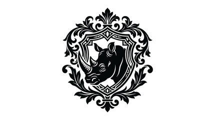 Intricate rhino crest on dark shield background. © ragil