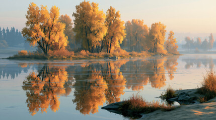 Obraz premium Golden autumn trees reflecting on a tranquil morning lake. Serene, peaceful, and artistic watercolor landscapes for nature design, seasonal backgrounds, and relaxation media.