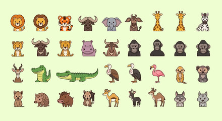 Cute cartoon wild animals collection with lions, elephants, giraffes, and more. © Norcahyani