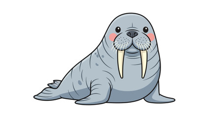 Cute cartoon walrus with big tusks and blushing cheeks lying down. © Norcahyani